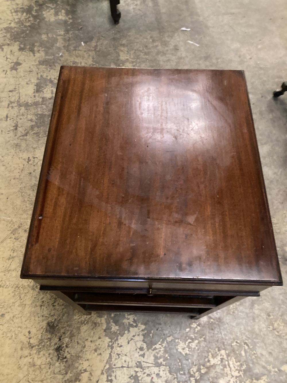 A George III style mahogany three tier table, fitted single drawer, width 47cm depth 41cm height 71cm